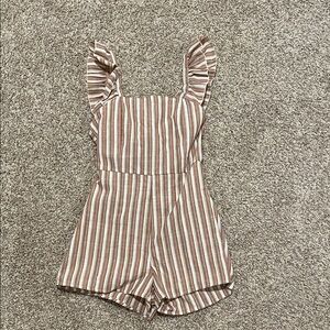 SHEIN Brown and White Striped Jumpsuit with Ruffled Straps